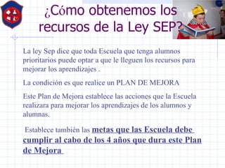 ¿ C ó mo obtenemos los recursos de la Ley SEP? La ley Sep dice que toda Escuela que tenga alumnos prioritarios puede optar a que le lleguen los recursos para mejorar los aprendizajes . La condición es que realice un PLAN DE MEJORA Este Plan de Mejora establece las acciones que la Escuela realizara para mejorar los aprendizajes de los alumnos y alumnas. Establece también las  metas que las Escuela debe  cumplir al cabo de los 4 años que dura este Plan de Mejora  