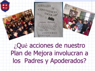 ¿ Qu é  acciones de nuestro Plan de Mejora involucran a los  Padres y Apoderados? 