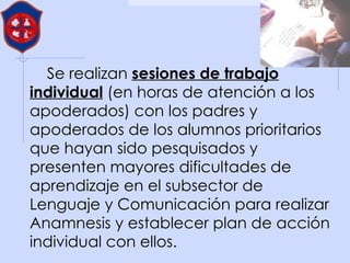 Se realizan  sesiones de trabajo individual  (en horas de atención a los apoderados) con los padres y apoderados de los alumnos prioritarios que hayan sido pesquisados y presenten mayores dificultades de aprendizaje en el subsector de Lenguaje y Comunicación para realizar Anamnesis y establecer plan de acción individual con ellos.   
