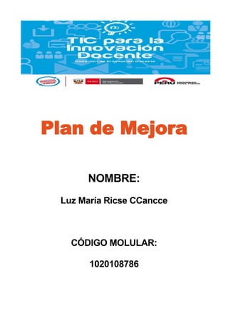 Plan de Mejora
NOMBRE:
Luz María Ricse CCancce
CÓDIGO MOLULAR:
1020108786
 