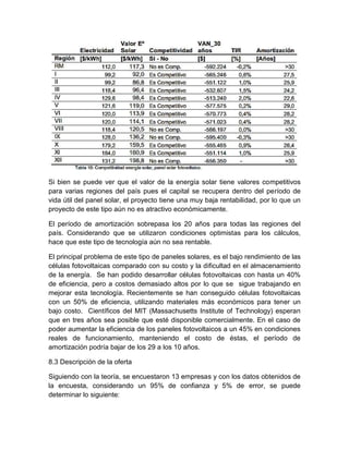 Si bien se puede ver que el valor de la energía solar tiene valores competitivos
para varias regiones del país pues el capital se recupera dentro del período de
vida útil del panel solar, el proyecto tiene una muy baja rentabilidad, por lo que un
proyecto de este tipo aún no es atractivo económicamente.

El período de amortización sobrepasa los 20 años para todas las regiones del
país. Considerando que se utilizaron condiciones optimistas para los cálculos,
hace que este tipo de tecnología aún no sea rentable.

El principal problema de este tipo de paneles solares, es el bajo rendimiento de las
células fotovoltaicas comparado con su costo y la dificultad en el almacenamiento
de la energía. Se han podido desarrollar células fotovoltaicas con hasta un 40%
de eficiencia, pero a costos demasiado altos por lo que se sigue trabajando en
mejorar esta tecnología. Recientemente se han conseguido células fotovoltaicas
con un 50% de eficiencia, utilizando materiales más económicos para tener un
bajo costo. Científicos del MIT (Massachusetts Institute of Technology) esperan
que en tres años sea posible que esté disponible comercialmente. En el caso de
poder aumentar la eficiencia de los paneles fotovoltaicos a un 45% en condiciones
reales de funcionamiento, manteniendo el costo de éstas, el período de
amortización podría bajar de los 29 a los 10 años.

8.3 Descripción de la oferta

Siguiendo con la teoría, se encuestaron 13 empresas y con los datos obtenidos de
la encuesta, considerando un 95% de confianza y 5% de error, se puede
determinar lo siguiente:
 