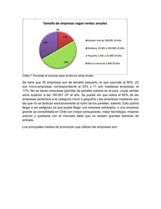 Se tiene que 35 empresas son de tamaño pequeño, lo que equivale al 50%, 23
son micro-empresas, correspondiente al 33% y 11 son medianas empresas, el
17%. No se tienen empresas grandes de paneles solares en el país, cuyas ventas
sería superior a las 100.001 UF al año. Se puede ver que sobre el 80% de las
empresas pertenece a la categoría micro o pequeña y las empresas medianas son
las que no se dedican exclusivamente al rubro de los paneles solares. Esto podría
llegar a ser peligroso ya que puede llegar una empresa extranjera o una empresa
grande ya consolidada en Chile con mayor presupuesto, mejor tecnología, mejores
precios y quedarse con el mercado dado que no existen grandes barreras de
entrada.

Los principales medios de promoción que utilizan las empresas son:
 