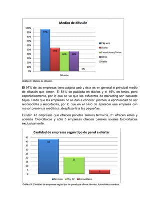 El 97% de las empresas tiene página web y éste es en general el principal medio
de difusión que tienen. El 54% se publicita en diarios y el 46% en ferias, pero
esporádicamente, por lo que se ve que los esfuerzos de marketing son bastante
bajos. Dado que las empresas no se dan a conocer, pierden la oportunidad de ser
reconocidas y recordadas, por lo que en el caso de aparecer una empresa con
mayor presencia mediática, desplazaría a las pequeñas.

Existen 43 empresas que ofrecen paneles solares térmicos, 21 ofrecen éstos y
además fotovoltaicos y sólo 5 empresas ofrecen paneles solares fotovoltaicos
exclusivamente.
 