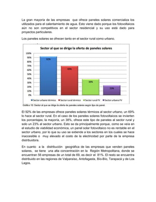 La gran mayoría de las empresas que ofrece paneles solares comercializa los
utilizados para el calentamiento de agua. Esto viene dado porque los fotovoltaicos
aún no son competitivos en el sector residencial y su uso está dado para
proyectos particulares.

Los paneles solares se ofrecen tanto en el sector rural como urbano.




El 92% de las empresas ofrece paneles solares térmicos al sector urbano, un 69%
lo hace al sector rural. En el caso de los paneles solares fotovoltaicos se invierten
los porcentajes; la mayoría, un 38%, ofrece este tipo de paneles al sector rural y
solo un 23% al sector urbano. Esto se da principalmente porque, como se veía en
el estudio de viabilidad económica, un panel solar fotovoltaico no es rentable en el
sector urbano, por lo que su uso se extiende a los sectores en los cuales se hace
inaccesible o muy elevado el costo de la electricidad por parte de la empresa
distribuidora.

En cuanto a la distribución geográfica de las empresas que venden paneles
solares, se tiene una alta concentración en la Región Metropolitana, donde se
encuentran 56 empresas de un total de 69, es decir el 81%. El resto se encuentra
distribuido en las regiones de Valparaíso, Antofagasta, Bío-Bío, Tarapacá y de Los
Lagos.
 