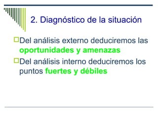 2. Diagnóstico de la situación
Del análisis externo deduciremos las
oportunidades y amenazas
Del análisis interno deduciremos los
puntos fuertes y débiles
 