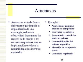 25
Amenazas
 Amenazas: es toda fuerza
del entorno que impide la
implantación de una
estrategia, reduce su
efectividad, incrementa los
riesgos de la misma o los
recursos requeridos para su
implantación o reduce la
rentabilidad o los ingresos
esperados
 Ejemplos:
 Aparición de un nuevo
producto o competidor
 Un avance tecnológico
 Aumento del costo de las
materias primas
 Una modificación del
sistema impositivo
 Elevación de los tipos de
interés
 Una nueva legislación
 