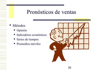 30
Pronósticos de ventas
 Métodos
 Opinión
 Indicadores económicos
 Series de tiempos
 Promedios móviles
 