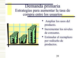 39
Demanda primaria
Estrategias para aumentar la tasa de
compra entre los usuarios
 Ampliar los usos del
producto.
 Incrementar los niveles
de consumo.
 Estimular el reemplazo
por rediseño de
productos.
 