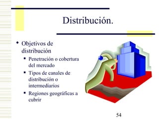 54
Distribución.
 Objetivos de
distribución
 Penetración o cobertura
del mercado
 Tipos de canales de
distribución o
intermediarios
 Regiones geográficas a
cubrir
 