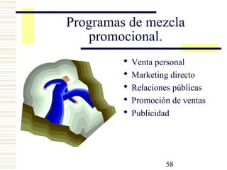 58
Programas de mezcla
promocional.
 Venta personal
 Marketing directo
 Relaciones públicas
 Promoción de ventas
 Publicidad
 