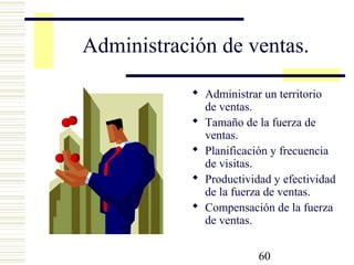 60
Administración de ventas.
 Administrar un territorio
de ventas.
 Tamaño de la fuerza de
ventas.
 Planificación y frecuencia
de visitas.
 Productividad y efectividad
de la fuerza de ventas.
 Compensación de la fuerza
de ventas.
 
