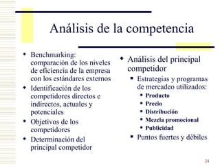 Análisis de la competencia Benchmarking: comparación de los niveles de eficiencia de la empresa con los estándares externos Identificación de los competidores directos e indirectos, actuales y potenciales Objetivos de los competidores Determinación del principal competidor Análisis del principal competidor Estrategias y programas de mercadeo utilizados: Producto Precio Distribución Mezcla promocional Publicidad Puntos fuertes y débiles 