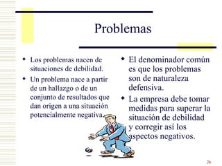 Problemas Los problemas nacen de situaciones de debilidad. Un problema nace a partir de un hallazgo o de un conjunto de resultados que dan origen a una situación potencialmente negativa. El denominador común es que los problemas son de naturaleza defensiva. La empresa debe tomar medidas para superar la situación de debilidad y corregir así los aspectos negativos. 