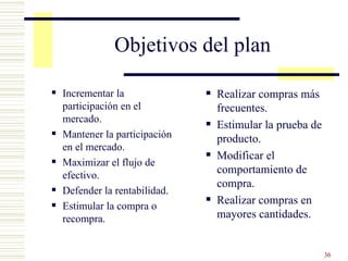 Objetivos del plan Incrementar la participación en el mercado. Mantener la participación en el mercado. Maximizar el flujo de efectivo. Defender la rentabilidad. Estimular la compra o recompra. Realizar compras más frecuentes. Estimular la prueba de producto. Modificar el comportamiento de compra. Realizar compras en mayores cantidades. 