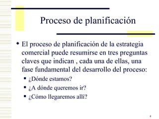 Proceso de planificación El proceso de planificación de la estrategia comercial puede resumirse en tres preguntas claves que indican , cada una de ellas, una fase fundamental del desarrollo del proceso: ¿Dónde estamos? ¿A dónde queremos ir? ¿Cómo llegaremos allí? 