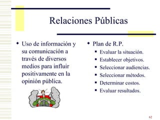 Relaciones Públicas Uso de información y su comunicación a través de diversos medios para influir positivamente en la opinión pública. Plan de R.P. Evaluar la situación. Establecer objetivos. Seleccionar audiencias. Seleccionar métodos. Determinar costos. Evaluar resultados. 