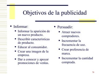 Objetivos de la publicidad Informar: Informar la aparición de un nuevo producto. Describir características de producto. Educar al consumidor. Crear una imagen de la empresa. Dar a conocer y apoyar promociones de ventas. Persuadir: Atraer nuevos compradores. Incrementar la frecuencia de uso. Crear preferencia de marca. Incrementar la cantidad comprada. 