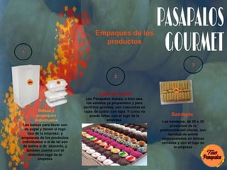 Empaques de los
productos
Las bolsas para llevar son
de papel y tienen el logo
tipo de la empresa; y
empaques de los productos
individuales o al de tal son
de anime o de aluminio, y
también cuenta con el
distintivo logo de la
empresa
Cajas de carton
Bandejas
Bolsas y
empaques
individuales
Los Pasapalos dulces, o bien sea,
los salados ya preparados y para
perdidos grandes, son colocados en
cajas de cartón con tapa. Y como no
puede faltar, con el logo de la
empresa. Las bandejas, de 20 o 30
productos de la
preferencia del cliente, son
bandeja de anime
empaquetadas en bolsas
cerradas y con el logo de
la empresa
1
2
3
 