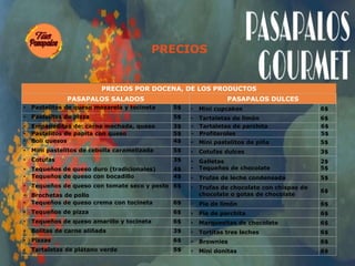 PRECIOS POR DOCENA, DE LOS PRODUCTOS
PASAPALOS SALADOS PASAPALOS DULCES
• Pastelitos de queso mozarela y tocineta 5$ • Mini cupcakes 6$
• Pastelitos de pizza 5$ • Tartaletas de limón 6$
• Empanaditas de: carne mechada, queso 3$ • Tartaletas de parchita 6$
• Pastelitos de papita con queso 5$ • Profiteroles 5$
• Boli quesos 4$ • Mini pastelitos de piña 5$
• Mini pastelitos de cebolla caramelizada 5$ • Cotufas dulces 3$
• Cotufas
• Tequeños de queso duro (tradicionales)
3$
4$
• Galletas
• Tequeños de chocolate
2$
5$
• Tequeños de queso con bocadillo 4$ • Trufas de leche condensada 5$
• Tequeños de queso con tomate seco y pesto
• Brochetas de pollo
6$ • Trufas de chocolate con chispas de
chocolate o gotas de chocolate
6$
• Tequeños de queso crema con tocineta 6$ • Pie de limón 6$
• Tequeños de pizza 6$ • Pie de parchita 6$
• Tequeños de queso amarillo y tocineta 6$ • Marquesitas de chocolate 6$
• Bolitas de carne aliñada 3$ • Tortitas tres leches 6$
• Pizzas 6$ • Brownies 6$
• Tartaletas de plátano verde 5$ • Mini donitas 6$
PRECIOS
 
