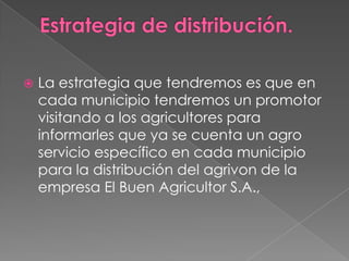 

La estrategia que tendremos es que en
cada municipio tendremos un promotor
visitando a los agricultores para
informarles que ya se cuenta un agro
servicio específico en cada municipio
para la distribución del agrivon de la
empresa El Buen Agricultor S.A.,

 
