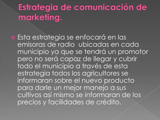 

Esta estrategia se enfocará en las
emisoras de radio ubicadas en cada
municipio ya que se tendrá un promotor
pero no será capaz de llegar y cubrir
todo el municipio a través de esta
estrategia todos los agricultores se
informaran sobre el nuevo producto
para darle un mejor manejo a sus
cultivos así mismo se informaran de los
precios y facilidades de crédito.

 