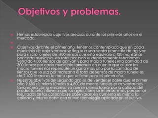 

Hemos establecido objetivos precisos durante los primeros años en el
mercado.






Objetivos durante el primer año tenemos contemplado que en cada
municipio de baja verapaz se llegue a una venta promedio de agrivon
para micro túneles de 600 lienzos que esto equivale a 120 manzanas
por cada municipio, en total por todo el departamento tendríamos
vendido 4,800 lienzos de agrivon y para macro túneles una cantidad de
300 lienzos por cada municipio tomando en cuenta que al usar los
macro túneles nos repercute un gasto más alto por la cantidad de
lienzos que se usa por manzana el total de lienzos de macro túnele es
de 2,400 lienzos es la meta que se tiene para el primer año.
Nuestros objetivos del segundo año es de vender el doble que el primer
año 9,600 de micro túneles y 4,800 de macro túneles estas ventas nos
favorecerá como empresa ya que se piensa lograr por la calidad del
producto esto influye a que los agricultores se interesen más porque los
resultados de las cosechas se observaran en aumento así mismo la
calidad y esto se debe a la nueva tecnología aplicada en el cultivo.

 