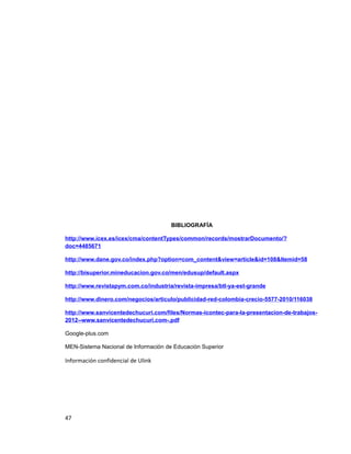BIBLIOGRAFÍA
http://www.icex.es/icex/cma/contentTypes/common/records/mostrarDocumento/?
doc=4485671
http://www.dane.gov.co/index.php?option=com_content&view=article&id=108&Itemid=58
http://bisuperior.mineducacion.gov.co/men/edusup/default.aspx
http://www.revistapym.com.co/industria/revista-impresa/btl-ya-est-grande
http://www.dinero.com/negocios/articulo/publicidad-red-colombia-crecio-5577-2010/116038
http://www.sanvicentedechucuri.com/files/Normas-icontec-para-la-presentacion-de-trabajos-
2012--www.sanvicentedechucuri.com-.pdf
Google-plus.com
MEN-Sistema Nacional de Información de Educación Superior
Información confidencial de Ulink
47
 