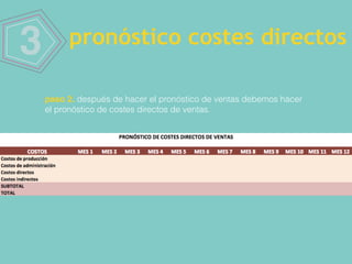 3 pronóstico costes directos
paso 2. después de hacer el pronóstico de ventas debemos hacer
el pronóstico de costes directos de ventas.
 