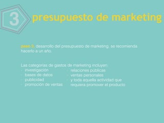 3
paso 3. desarrollo del presupuesto de marketing. se recomienda
hacerlo a un año.
presupuesto de marketing
Las categorías de gastos de marketing incluyen:
- investigación
- bases de datos
- publicidad
- promoción de ventas
- relaciones públicas
- ventas personales
- y toda aquella actividad que
requiera promover el producto
 