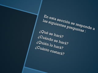 En esta sección se responde a las siguientes preguntas : ¿Qué se hará? ¿Cuándo se hará? ¿ Quién lo hará? ¿Cuánto costará? 