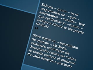 Esboza —quién— es el responsable de —qué— actividades, —cuándo— hay que realizarlas y —cuánto— tiempo y dinero se les puede dedicar  Sirve como un —mecanismo de control—. Es decir, establece estándares de desempeño contra los cuales se puede evaluar el progreso de cada división o producto 
