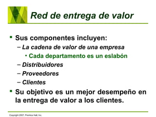 Red de entrega de valor
 Sus componentes incluyen:
– La cadena de valor de una empresa
• Cada departamento es un eslabón
– Distribuidores
– Proveedores
– Clientes
 Su objetivo es un mejor desempeño en
la entrega de valor a los clientes.
Copyright 2007, Prentice Hall, Inc.
 