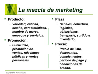 La mezcla de marketing
 Producto:
– Variedad, calidad,
diseño, características,
nombre de marca,
empaque y servicios.
 Promoción:
– Publicidad,
promoción de
ventas, relaciones
públicas y ventas
personales.
 Plaza:
– Canales, cobertura,
logística,
ubicaciones,
transporte, surtido e
inventario.
 Precio:
– Precio de lista,
descuentos,
complementos,
periodo de pago y
condiciones de
crédito.
Copyright 2007, Prentice Hall, Inc.
 
