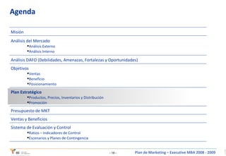 Agenda Sistema de Evaluación y Control Ratios – Indicadores de Control Escenarios y Planes de Contingencia Ventas y Beneficios Presupuesto de MKT Plan Estratégico Productos, Precios, Inventarios y Distribución Promoción Objetivos Ventas Beneficio Posicionamiento Análisis DAFO (Debilidades, Amenazas, Fortalezas y Oportunidades) Análisis del Mercado Análisis Externo Análisis Interno Misión 