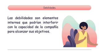 Las debilidades son elementos
internos que podrían interferir
con la capacidad de la compañía
para alcanzar sus objetivos.
Debilidades
 