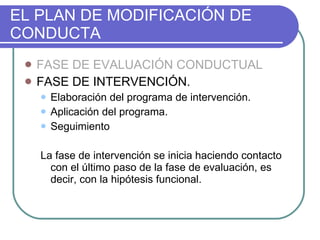 EL PLAN DE MODIFICACIÓN DE CONDUCTA FASE DE EVALUACIÓN CONDUCTUAL FASE DE INTERVENCIÓN.  Elaboración del programa de intervención. Aplicación del programa. Seguimiento La fase de intervención se inicia haciendo contacto con el último paso de la fase de evaluación, es decir, con la hipótesis funcional. 