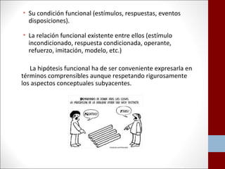 • Su condición funcional (estímulos, respuestas, eventos 
disposiciones). 
• La relación funcional existente entre ellos (estímulo 
incondicionado, respuesta condicionada, operante, 
refuerzo, imitación, modelo, etc.) 
La hipótesis funcional ha de ser conveniente expresarla en 
términos comprensibles aunque respetando rigurosamente 
los aspectos conceptuales subyacentes. 
 