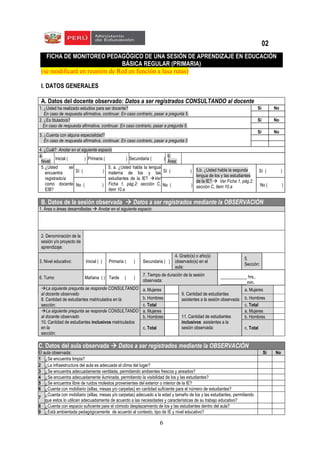 6
FICHA DE MONITOREO PEDAGÓGICO DE UNA SESIÓN DE APRENDIZAJE EN EDUCACIÓN
BÁSICA REGULAR (PRIMARIA)
(se modificará en reunión de Red en función a lasa rutas)
I. DATOS GENERALES
B. Datos de la sesión observada  Datos a ser registrados mediante la OBSERVACIÓN
1. Área o áreas desarrolladas  Anotar en el siguiente espacio
2. Denominación de la
sesión y/o proyecto de
aprendizaje:
3. Nivel educativo: Inicial ( ) Primaria ( ) Secundaria ( )
4. Grado(s) o año(s)
observado(s) en el
aula:
5.
Sección:
6. Turno M Mañana ( ) Tarde ( )
7. Tiempo de duración de la sesión
observada:
____________ hrs.,
____________min.
La siguiente pregunta se responde CONSULTANDO
al docente observado
8. Cantidad de estudiantes matriculados en la
sección:
a. Mujeres
9. Cantidad de estudiantes
asistentes a la sesión observada:
a. Mujeres
b. HombresT b. Hombres
c. Total c. Total
La siguiente pregunta se responde CONSULTANDO
al docente observado
10. Cantidad de estudiantes inclusivos matriculados
en la
sección:
a. Mujeres
11. Cantidad de estudiantes
inclusivos asistentes a la
sesión observada:
a. Mujeres
b. Hombres b. Hombres
c. Total c. Total
C. Datos del aula observada  Datos a ser registrados mediante la OBSERVACIÓN
El aula observada: Sí No
1 ¿Se encuentra limpia?
2 ¿La infraestructura del aula es adecuada al clima del lugar?
3 ¿Se encuentra adecuadamente ventilada, permitiendo ambientes frescos y aireados?
4 ¿Se encuentra adecuadamente iluminada, permitiendo la visibilidad de los y las estudiantes?
5 ¿Se encuentra libre de ruidos molestos provenientes del exterior o interior de la IE?
6 ¿Cuenta con mobiliario (sillas, mesas y/o carpetas) en cantidad suficiente para el número de estudiantes?
7
¿Cuenta con mobiliario (sillas, mesas y/o carpetas) adecuado a la edad y tamaño de los y las estudiantes, permitiendo
que estos lo utilicen adecuadamente de acuerdo a las necesidades y características de su trabajo educativo?
8 ¿Cuenta con espacio suficiente para el cómodo desplazamiento de los y las estudiantes dentro del aula?
9 ¿Está ambientada pedagógicamente de acuerdo al contexto, tipo de IE y nivel educativo?
A. Datos del docente observado: Datos a ser registrados CONSULTANDO al docente
1. ¿Usted ha realizado estudios para ser docente?
En caso de respuesta afirmativa, continuar. En caso contrario, pasar a pregunta 5.
Sí No
2. ¿Es titulado/a?
En caso de respuesta afirmativa, continuar. En caso contrario, pasar a pregunta 5.
Sí No
3. ¿Cuenta con alguna especialidad?
En caso de respuesta afirmativa, continuar. En caso contrario, pasar a pregunta 5
Sí No
4. ¿Cuál? Anotar en el siguiente espacio
a.
Nivel:
Inicial ( ) Primaria ( ) Secundaria ( )
b.
Área:
5.¿Usted se
encuentra
registrado/a
como docente
EIB?
Sí ( )
5. a. ¿Usted habla la lengua
materna de los y las
estudiantes de la IE? Ver
Ficha 1, pág.2: sección C,
ítem 10.a
Sí ( ) 5.b. ¿Usted habla la segunda
lengua de los y las estudiantes
de la IE?  Ver Ficha 1, pág.2:
sección C, ítem 10.a
Sí ( )
No ( ) No ( ) No ( )
02
 