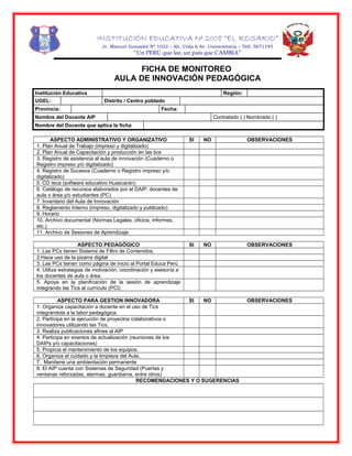 INSTITUCIÓN EDUCATIVA Nº 2008 “EL ROSARIO”
Jr. Manuel Gonzales Nº 1032 – Alt. Crda 6 Av. Universitaria – Telf. 5671193
“Un PERÚ que lee, un país que CAMBIA”
FICHA DE MONITOREO
AULA DE INNOVACIÓN PEDAGÓGICA
Institución Educativa Región:
UGEL: Distrito / Centro poblado
Provincia: Fecha:
Nombre del Docente AIP Contratado ( ) Nombrado ( )
Nombre del Docente que aplica la ficha
ASPECTO ADMINISTRATIVO Y ORGANIZATIVO SI NO OBSERVACIONES
1. Plan Anual de Trabajo (impreso y digitalizado)
2. Plan Anual de Capacitación y producción en las tics
3. Registro de asistencia al aula de innovación (Cuaderno o
Registro impreso y/o digitalizado)
4. Registro de Sucesos (Cuaderno o Registro impreso y/o
digitalizado)
5. CD teca (software educativo Huascarán)
6. Catálogo de recursos elaborados por el DAIP, docentes de
aula o área y/o estudiantes (PC)
7. Inventario del Aula de Innovación
8. Reglamento Interno (impreso, digitalizado y publicado)
9. Horario
10. Archivo documental (Normas Legales, oficios, informes,
etc.)
11. Archivo de Sesiones de Aprendizaje.
ASPECTO PEDAGÓGICO SI NO OBSERVACIONES
1. Las PCs tienen Sistema de Filtro de Contenidos.
2.Hace uso de la pizarra digital
3. Las PCs tienen como página de inicio al Portal Educa Perú
4. Utiliza estrategias de motivación, coordinación y asesoría a
los docentes de aula o área.
5. Apoya en la planificación de la sesión de aprendizaje
integrando las Tics al currículo (PCI)
ASPECTO PARA GESTION INNOVADORA SI NO OBSERVACIONES
1. Organiza capacitación a docente en el uso de Tics
integrándola a la labor pedagógica.
2. Participa en la ejecución de proyectos colaborativos o
innovadores utilizando las Tics.
3. Realiza publicaciones afines al AIP
4. Participa en eventos de actualización (reuniones de los
DAIPs y/o capacitaciones)
5. Propicia el mantenimiento de los equipos.
6. Organiza el cuidado y la limpieza del Aula.
7. Mantiene una ambientación permanente
8. El AIP cuenta con Sistemas de Seguridad (Puertas y
ventanas reforzadas, alarmas, guardianía, entre otros)
RECOMENDACIONES Y O SUGERENCIAS
 