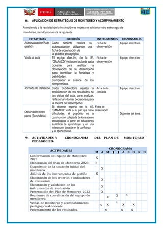 8. APLICACIÓN DE ESTRATEGIAS DE MONITOREO Y ACOMPAÑAMIENTO
Atendiendo a la realidad de la institución es necesario adicionar otra estrategia de
monitoreo, siendopropuesta la siguiente:
ESTRATEGIAS EJECUCIÓN INSTRUMENTOS RESPONSABLES
Autoevaluación/Auto
gestión
Cada docente realiza su
autoevaluación utilizando una
ficha de observación de
la práctica pedagógica.
Ficha de
observación
Equipo directivo.
Visita al aula El equipo directivo de la I.E.
“GMAACD” visitará el aula de cada
docente para realizar la
observación de su desempeño
para identificar la fortaleza y
debilidades.
Comprobar el avance de los
compromisos.
Ficha de
observación
Equipo directivo
Jornada de Reflexión Cada Subdirector/a realiza la
socialización de los resultados de
las visitas del aula, para analizar,
reflexionar y tomar decisiones para
la mejora del desempeño.
Acta de la
Jornada
Equipo directivo
Observación entre
pares (Secundaria)
El docente experto de la I.E.
“GMAACD” visita a su par que tiene
dificultades, el propósito es la
construcción colegiada de los saberes
pedagógicos a partir de situaciones
auténticasde aprendizaje y en una
interacción basada en la confianza
y el aporte mutuo.
Ficha de
observación
Docentes del área.
9. ACTIVIDADES Y CRONOGRAMA DEL PLAN DE MONITOREO
PEDAGÓGICO:
ACTIVIDADES
CRONOGRAMA
M A M J J A S O N D
Conformación del equipo de Monitoreo
2023
X
Elaboración del Plan de Monitoreo 2023 X
Diagnóstico de la situación inicial del
monitoreo
X
Análisis de los instrumentos de gestión X
Elaboración de los criterios e indicadores
de evaluación
X
Elaboración y validación de los
instrumentos de evaluación
X
Presentación del Plan de Monitoreo 2023 X
Reuniones de coordinación del equipo de
monitoreo. X
X X
Visitas de monitoreo y acompañamiento
pedagógico al docente.
X X
X
X X
Procesamiento de los resultados. X X X
 