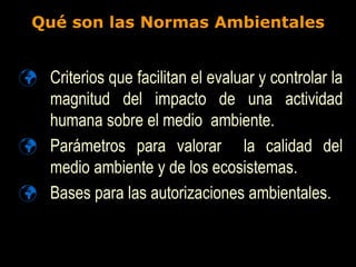  Criterios que facilitan el evaluar y controlar la
magnitud del impacto de una actividad
humana sobre el medio ambiente.
 Parámetros para valorar la calidad del
medio ambiente y de los ecosistemas.
 Bases para las autorizaciones ambientales.
Qué son las Normas Ambientales
 