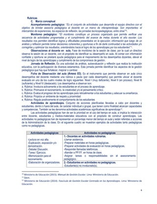 6
Rubricas
C. Marco conceptual
Acompañamiento pedagógico: “Es el conjunto de actividades que desarrolla el equipo directivo con el
objetivo de brindar asesoría pedagógica al docente en un marco de interaprendizaje. Son importantes: el
intercambio de experiencias, los espacios de reflexión, las jornadas tecnicopedagógicas, entre otras”10.
Monitoreo pedagógico: “El monitoreo constituye un proceso organizado que permite verificar una
secuencia de actividades programadas y el cumplimiento del avance de metas durante el año escolar. Los
resultados nos permiten identificar logros y dificultades presentados en la ejecución; información que luego de un
análisis y reflexión permite tomar decisiones coherentes y oportunas a fin de darle continuidad a las actividades y/o
corregirlas y optimizar los resultados, orientándolos hacia el logro de los aprendizajes por los estudiantes”11.
Observaciones al docente en aula. Fase de monitoreo de la sesión de clase, por la cual un directivo
observa la sesión de un docente, con el propósito de identificar su desempeño en aula. Al contar con información
confiable y oportuna se prestará ayuda pedagógica para el mejoramiento de los desempeños docentes, elevar el
nivel de logro de los aprendizajes y cumplimiento de los compromisos de gestión.
Jornada de Reflexión. Es una actividad de análisis, autoevaluación y reflexión que realiza la institución
educativa, con la participación de diversos estamentos. Esta jornada permite identificar los aspectos de la gestión
pedagógica que hay que fortalecer, mejorar o cambiar.
Ficha de Observación del aula (Anexo 03). Es el instrumento que permite observar en aula cinco
desempeños del docente mediante una rúbrica o pauta (por cada desempeño) que permite ubicar al docente
evaluado en uno de los cuatro niveles de logro siguientes: Nivel I (muy deficiente), Nivel II (en proceso), Nivel III
(suficiente) y Nivel IV (destacado). Los desempeños a observar son:
a. Rúbrica: Involucra activamente a los estudiantes en el proceso de aprendizaje.
b. Rúbrica: Promueve el razonamiento, la creatividad y/o el pensamiento crítico.
c. Rúbrica: Evalúa el progreso de los aprendizajes para retroalimentar a los estudiantes y adecuar su enseñanza.
d. Rúbrica: Propicia un ambiente de respeto y proximidad
e. Rúbrica: Regula positivamente el comportamiento de los estudiantes
Actividades de aprendizajes. Conjunto de acciones planificadas llevadas a cabo por docentes y
estudiantes, dentro o fuera del aula, de carácter individual o grupal, que tienen como finalidad alcanzar capacidades
y competencias. También se les denomina actividades académicas significativas de aprendizaje12.
Las actividades pedagógicas han de ser la prioridad en el uso del tiempo en aula, e implica la interacción
entre docente, estudiantes y medios-materiales educativos con el propósito de construir aprendizajes. Las
actividades no pedagógicas han de representar un porcentaje menor del tiempo en aula y están referidas a acciones
de la Administración de la clase. En el siguiente cuadro se muestran ejemplos de actividades tanto pedagógicas
como no pedagógicas.
10
Ministerio de Educación (2015). Manual de Gestión Escolar. Lima: Ministerio de Educación.
11
Ídem.
12
Ministerio de Educación (2014). Fascículo de Gestión Escolar Centrada en los Aprendizajes. Lima: Ministerio de
Educación.
Actividades pedagógicas Actividades no pedagógicas
-Lectura en voz alta.
-Explicación, exposición y/o
demostración.
-Debate/ Discusión.
-Tarea / Ejercicio.
-Memorización para el
razonamiento.
-Elaboración de organizadores.
1.- Docentes en actividades rutinarias.
-Llamar asistencia.
-Preparar materiales en horas pedagógicas.
-Preparar actividades de evaluación en horas pedagógicas.
-Responder llamadas telefónicas.
-Atender a PP.FF. en horas de clase.
-Asignar tareas o responsabilidades sin el asesoramiento
pedagógico.
2.- Estudiantes en actividades no pedagógicas.
-Estudiante(s) no involucrado(s).
 