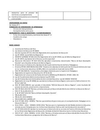 necesarios para el proceso de
monitoreo y acompañamiento
6. Coordinaciones previascon el docente
a ser visitado
CRONOGRAMA DE VISITAS
Ver Anexos N° 1
FORMACION DE COMUNIDADES DE APRENDIZAJE
- Círculos de interaprendizaje
- Acompañamiento entre pares
INSTRUMENTOS PARA EL MONITOREO Y ACOMPAÑAMIENTO
- Fichas de acompañamiento y monitoreo (Ver Anexo N° 2)
- Cuaderno de campo
- Anecdotario
BASES LEGALES
a. Constitución Políticas del Perú
b. Ley General de Educación Nº 28044
c. Decreto Supremo Nº 011-2012-ED, Reglamento de la Ley General de Educación
d. Ley Nº 29944, Ley de Reforma Magisterial
e. DECRETO SUPREMO Nº 004-2013-ED, Reglamento de la Ley Nº 29944, Ley de Reforma Magisterial
f. Ley Nº 29973, Ley General de la Persona con Discapacidad
g. Resolución Ministerial Nº 0547-2012-ED, Aprueban Lineamientos denominados “Marco de Buen Desempeño
Docente” para Docentes de Educación Básica Regular
h. Directiva para la Elaboración y Aprobación del Cuadro de Distribución de Horas Pedagógicas.
i. Directiva Nº 005-2009-ME/SG-OGA-UPER “Elaboración y Aprobación del Cuadro de Distribución dehoras de clase
en las instituciones educativas de EBR y EBA ciclo avanzado en el periodo lectivo 2009.
j. R.M. Nº 038-2009-ED, “Lineamientos y Estrategias Generales para la Supervisión Pedagógica
k. Reglamento de Supervisión Educativa D.S. Nº 50-82-ED.
l. Reglamento de la Asociación de Padres de Familia (APAFA) Ley Nº 28628 D.S. Nº 004- 2006 -ED.
m. Ley de Procedimiento Administrativo General Ley Nº 27444
n. Ley del Sistema Nacional de Acreditación de la Calidad Educativa- Ley del SINEACE Nº28740
o. Reglamento de la Ley Nº 28988,Ley que declara la Educación básica Regular como servicio Público Esencial. D.S.
Nº 017-2007-ED.
p. R.M. Nº 0440-2008-ED, que aprueba el documento “DCN de Educación Básica Regular”, como resultado del
proceso de revisión, actualización y mejoramiento.
q. R.M. Nº 0622-2013-ED “Normas y orientaciones para el Desarrollo del Año Escolar 2014 en la Educación Básica”.
r. R.M. N° DS_N_028-2015-EF.
s. R. M. Nº 0547-2012-ED “Marco de Buen desempeño Docente”.
t. RM_N_062-2015
u. RM_N_451-2014-MINEDU
v. RSG_N_008-2015_NORMA_JEC
w. R.S.G. N° 008 -2016 – MINEDU. “Normas que establece disposiciones para el acompañamiento Pedagógico en la
Educación Básica”.
x. R.S.G. N°041 – 2016 – MINEDU. 03FEB .2016. “Normas para la implementación del Modelo de Servicio Educativo
Jornada escolar Completa para las Instituciones Educativas Publicas del nivel de educación secundaria”
y. R.D. N° 0343-2010-ED. Aprobar las normas para el desarrollo de las acciones de Tutoría y Orientación Educativa
en las Direcciones Regionales de Educación, Unidades de Gestión Educativa Local e Instituciones Educativas.
z. R.M. N° 627 – 2016 – MINEDU. 14 DIC. 2016. “Normas y Orientaciones para el Desarrollo del Año Escolar 2017 en
Instituciones Educativas y programas de la Educación Básica”.
 