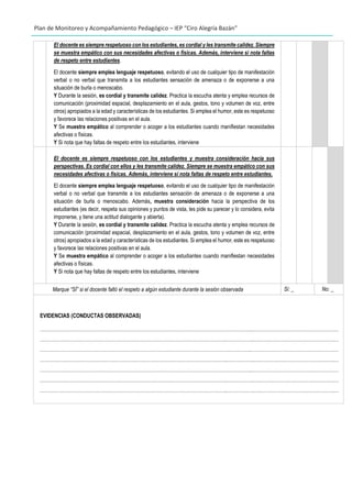 Plan de Monitoreo y Acompañamiento Pedagógico – IEP “Ciro Alegría Bazán”
El docente es siempre respetuoso con los estudiantes, es cordial y les transmite calidez. Siempre
se muestra empático con sus necesidades afectivas o físicas. Además, interviene si nota faltas
de respeto entre estudiantes.
El docente siempre emplea lenguaje respetuoso, evitando el uso de cualquier tipo de manifestación
verbal o no verbal que transmita a los estudiantes sensación de amenaza o de exponerse a una
situación de burla o menoscabo.
Y Durante la sesión, es cordial y transmite calidez. Practica la escucha atenta y emplea recursos de
comunicación (proximidad espacial, desplazamiento en el aula, gestos, tono y volumen de voz, entre
otros) apropiados a la edad y características de los estudiantes. Si emplea el humor, este es respetuoso
y favorece las relaciones positivas en el aula.
Y Se muestra empático al comprender o acoger a los estudiantes cuando manifiestan necesidades
afectivas o físicas.
Y Si nota que hay faltas de respeto entre los estudiantes, interviene
El docente es siempre respetuoso con los estudiantes y muestra consideración hacia sus
perspectivas. Es cordial con ellos y les transmite calidez. Siempre se muestra empático con sus
necesidades afectivas o físicas. Además, interviene si nota faltas de respeto entre estudiantes.
El docente siempre emplea lenguaje respetuoso, evitando el uso de cualquier tipo de manifestación
verbal o no verbal que transmite a los estudiantes sensación de amenaza o de exponerse a una
situación de burla o menoscabo. Además, muestra consideración hacia la perspectiva de los
estudiantes (es decir, respeta sus opiniones y puntos de vista, les pide su parecer y lo considera, evita
imponerse, y tiene una actitud dialogante y abierta).
Y Durante la sesión, es cordial y transmite calidez. Practica la escucha atenta y emplea recursos de
comunicación (proximidad espacial, desplazamiento en el aula, gestos, tono y volumen de voz, entre
otros) apropiados a la edad y características de los estudiantes. Si emplea el humor, este es respetuoso
y favorece las relaciones positivas en el aula.
Y Se muestra empático al comprender o acoger a los estudiantes cuando manifiestan necesidades
afectivas o físicas.
Y Si nota que hay faltas de respeto entre los estudiantes, interviene
Marque “SÍ” si el docente faltó el respeto a algún estudiante durante la sesión observada Si: _ No: _
EVIDENCIAS (CONDUCTAS OBSERVADAS)
…………………………………………………………………………………………………………………..………………………………………………
……………………………………………………………………………………………………..……………..….……………………………………….…
…………………………………………………………………………………………………………………..………………………………………………
……………………………………………………………………………………………………..……………..….……………………………………….…
…………………………………………………………………………………………………………………..………………………………………………
……………………………………………………………………………………………………..……………..….……………………………………….…
……………………………………………………………………………………………………..……………..….……………………………………….…
 