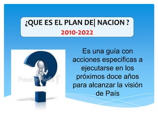 ¿QUE ES EL PLAN DE| NACION ?
2010-2022
Es una guía con
acciones especificas a
ejecutarse en los
próximos doce años
para alcanzar la visión
de País
 
