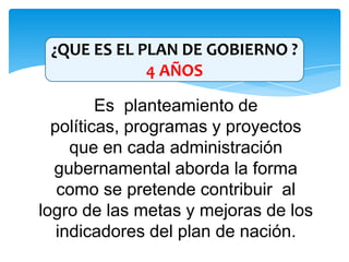 ¿QUE ES EL PLAN DE GOBIERNO ?
4 AÑOS
Es planteamiento de
políticas, programas y proyectos
que en cada administración
gubernamental aborda la forma
como se pretende contribuir al
logro de las metas y mejoras de los
indicadores del plan de nación.
 