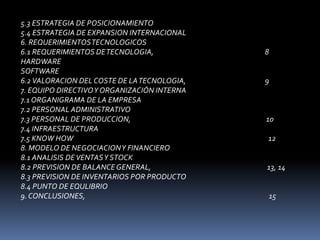 5.3 ESTRATEGIA DE POSICIONAMIENTO 5.4 ESTRATEGIA DE EXPANSION INTERNACIONAL 6. REQUERIMIENTOS TECNOLOGICOS 6.1 REQUERIMIENTOS DE TECNOLOGIA,                                                                 8 HARDWARE SOFTWARE 6.2 VALORACION DEL COSTE DE LA TECNOLOGIA, 9 7. EQUIPO DIRECTIVO Y ORGANIZACIÓN INTERNA 7.1 ORGANIGRAMA DE LA EMPRESA 7.2 PERSONAL ADMINISTRATIVO 7.3 PERSONAL DE PRODUCCION,               10 7.4 INFRAESTRUCTURA 7.5 KNOW HOW                                                                             12 8. MODELO DE NEGOCIACION Y FINANCIERO 8.1 ANALISIS DE VENTAS Y STOCK 8.2 PREVISION DE BALANCE GENERAL,                                                                    13, 14 8.3 PREVISION DE INVENTARIOS POR PRODUCTO 8.4 PUNTO DE EQULIBRIO 9. CONCLUSIONES, 15 