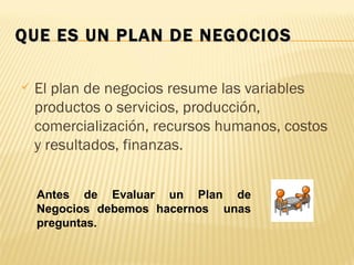 QUE ES UN PLAN DE NEGOCIOS

   El plan de negocios resume las variables
    productos o servicios, producción,
    comercialización, recursos humanos, costos
    y resultados, finanzas.


    Antes de Evaluar un Plan de
    Negocios debemos hacernos unas
    preguntas.
 