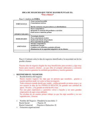 IDEA DE NEGOCIOS QUE TIENE MAYOR PUNTAJE ES:
                               “Pan o Dulces”

          Paso 3: Análisis de FODA
                        -Tener un local accesible
                        -Conocimiento teóricos
     FORTALEZAS
                        -
                        -Red de contactos con proveedores y/o distribuidores
                        -Pocos competidores
                        -Demanda en aumento del producto o servicios
                        -Facil acceso a materias primas
 OPORTUNIDADES          -
                        -Tecnologia obsoleta
                        -Poco conocimiento tecnico
     DEBILIDADES
                        -Inadecuado diseño del producto
                        -Poca capacidad de gestión
                        -Muchos competidores
                        -Insuficiente energia
     AMENAZAS
                        -Cambios en la situación económica del pais
                        -Disminucion de la capacidad adquisitiva de los clientes




          Paso 4: Contraste entre la idea de negocios identificada y la necesidad real de los
          posible clientes:

          Nuestra idea de negocio elegida fue muy beneficiente para nosotros y algo muy
          bueno para nuestros clientes , ya que ellos al comprar saborearon y comieron
          bien y nosotros ganamos la cantidad que perdimos y nuestra ganancia

3.   DEFINIENDO EL NEGOCIOS
     1. Reseña histórica del negocio
        Bueno nuestro negocio fue algo que no pensara que sucediera , gracias a
        nuestro profesor pude ver como se hace un negocio.
        Todo comenzó cuando decidi que vender , estába pensando en tantas cosas y se
        nos ocurrió la idea de los PANES O DULCES, he gastado una cantidad de
        aprox. 30 soles , y he ganado un total de 60 o mas .
        Fue una gran experiencia y queremos volver a hacerlo y ser unos grandes
        empresarios de aquí a mas adelante .
        No olvidare de mi nuestro primer trabajo ya que fue algo asombro y no nos
        esperaba esto , Gracias.

     2.  Nombre del Negocio : Panaderia la casa dulce :3
        Razón Social         : Pancito :D
        Razón Comercial      : Pancitos o Dulcecitos :D
     3. Estructura organizacional
 