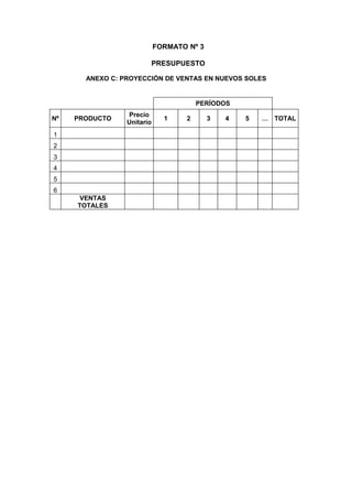 FORMATO Nº 3
PRESUPUESTO
ANEXO C: PROYECCIÓN DE VENTAS EN NUEVOS SOLES
PERÍODOS
Nº PRODUCTO
Precio
Unitario
1 2 3 4 5 … TOTAL
1
2
3
4
5
6
VENTAS
TOTALES
 
